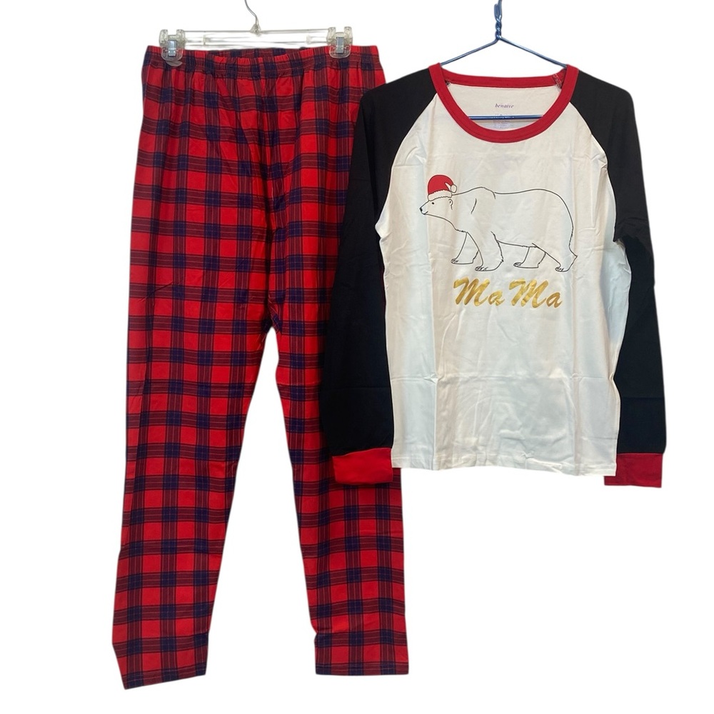 Benaive Womens Large Red Plaid Polar MA MA Bear graphic Pajama Set Christmas NEW